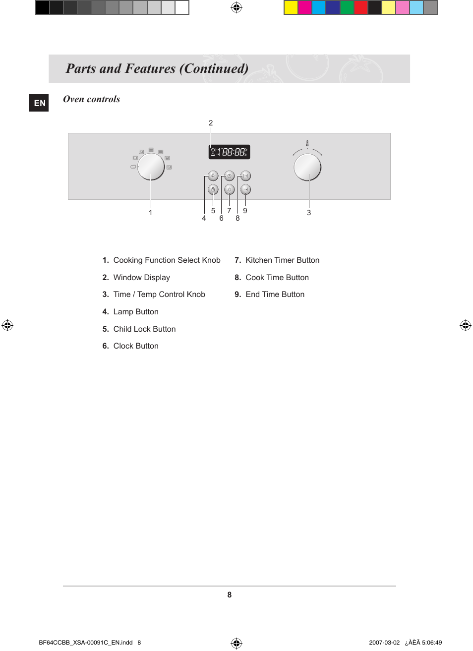 Parts and features (continued), Oven controls | Samsung BF64CCBB User Manual | Page 10 / 42