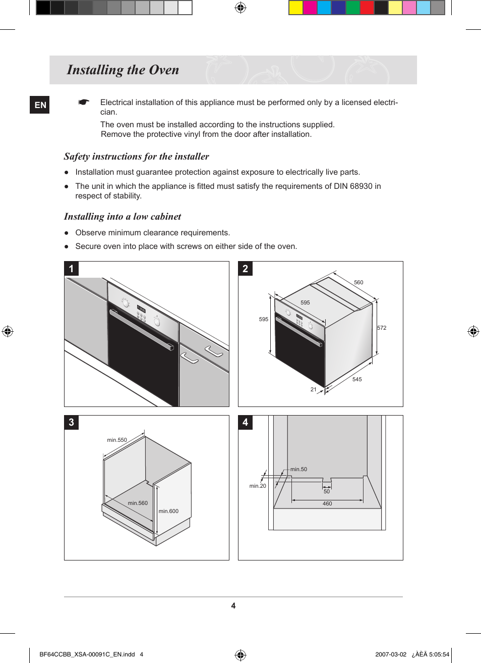 Installing the oven, Safety instructions for the installer, Installing into a low cabinet | Samsung BF64CCBB User Manual | Page 6 / 42