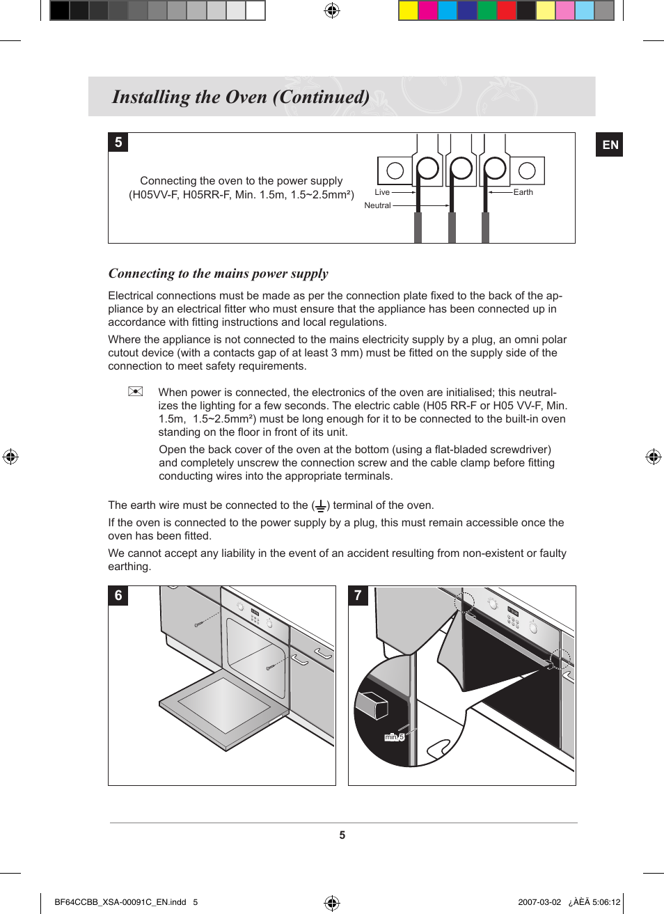 Installing the oven (continued), Connecting to the mains power supply | Samsung BF64CCBB User Manual | Page 7 / 42