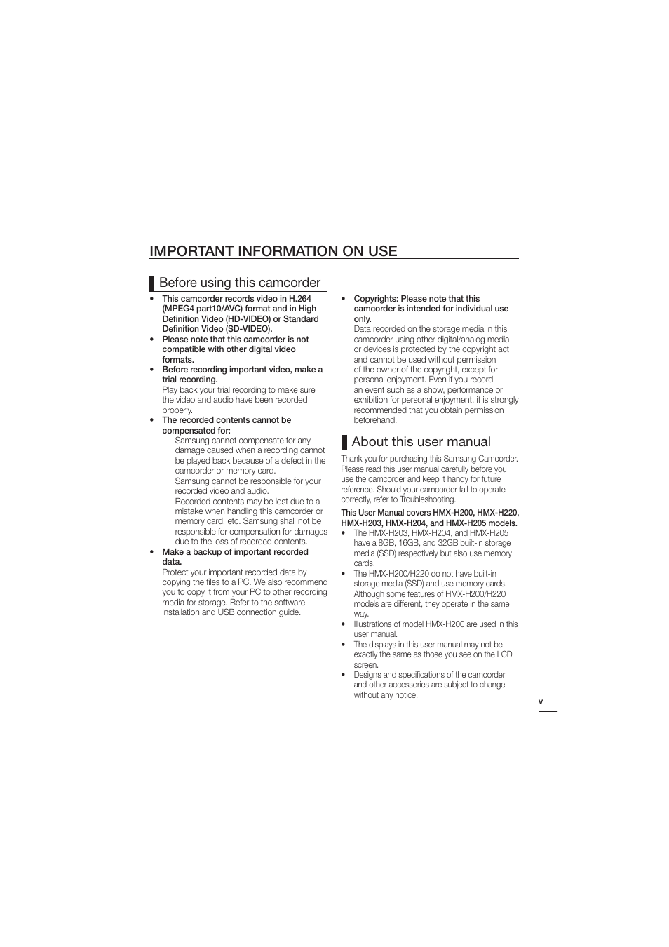 Important information on use, Before using this camcorder about this user manual | Samsung HMX-H204SN User Manual | Page 5 / 145