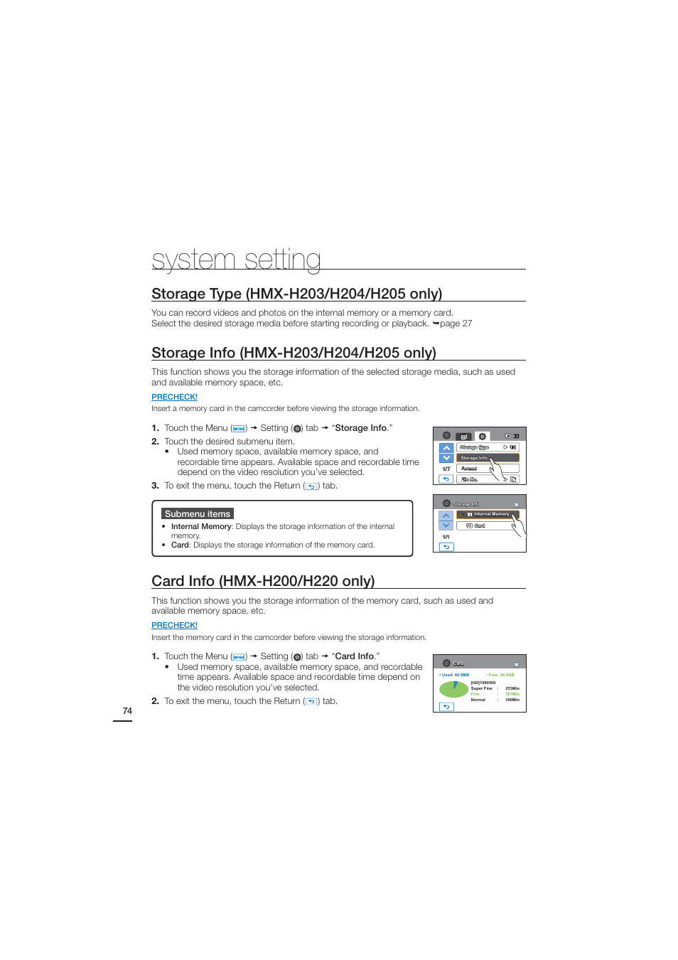 System setting, Storage type (hmx-h203/h204/h205 only), Storage info (hmx-h203/h204/h205 only) | Card info (hmx-h200/h220 only) | Samsung HMX-H204SN User Manual | Page 86 / 145