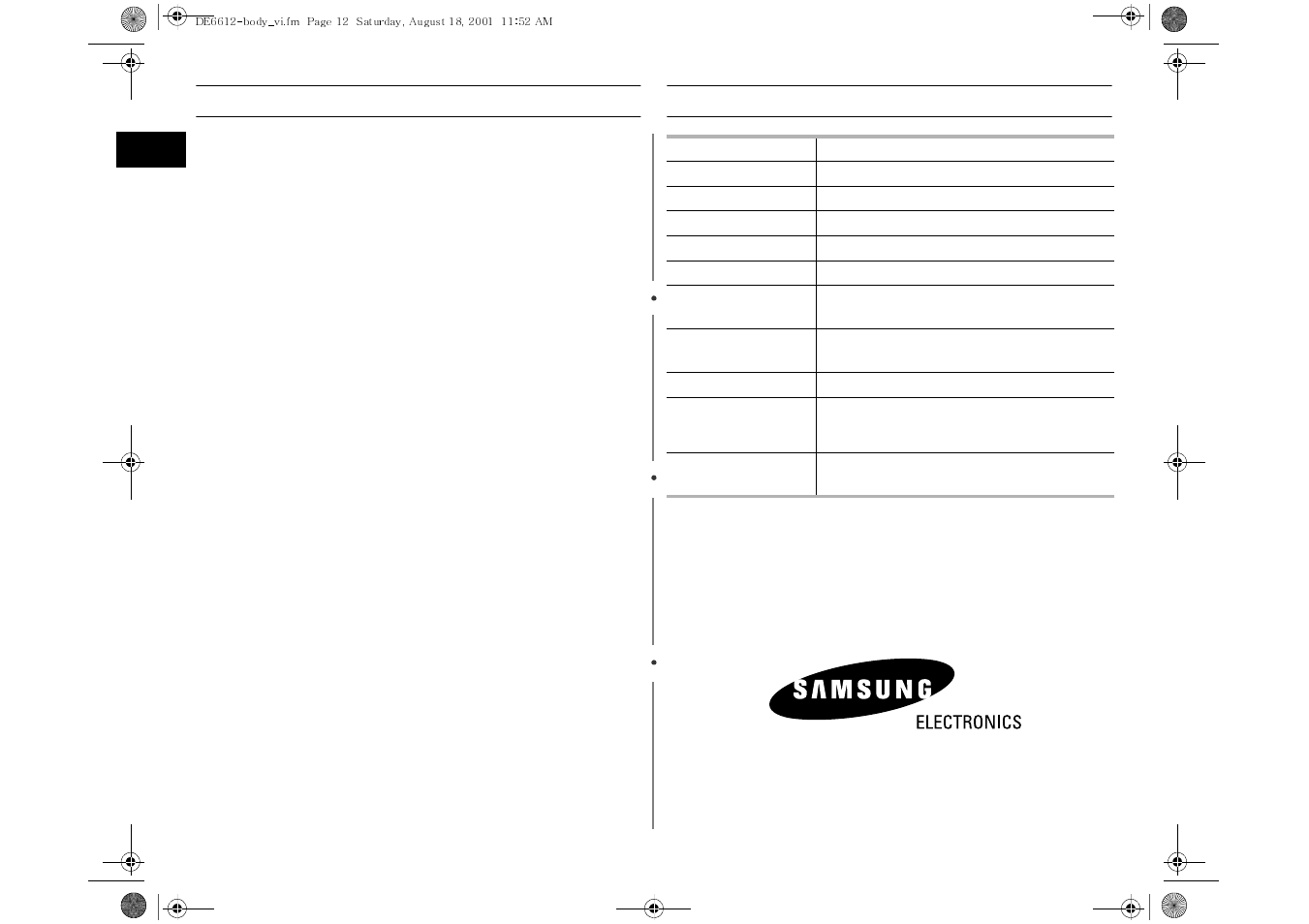Appendix(continued), Specifications, Care and cleaning | Samsung DE6612 User Manual | Page 12 / 12