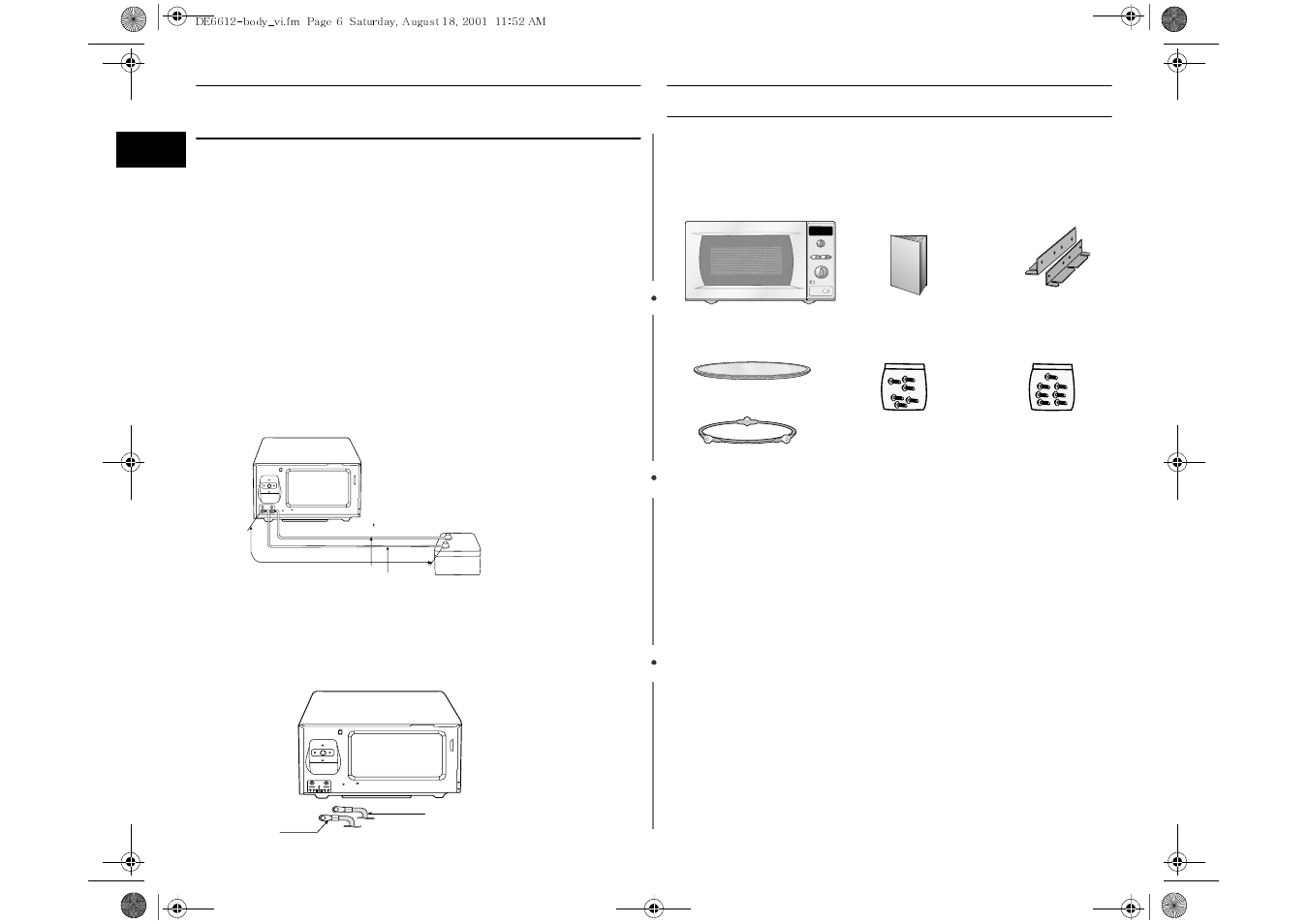 Your new microwave oven, Connecting the power cables to the oven, Battery power consumption for proper operation | Checking parts | Samsung DE6612 User Manual | Page 6 / 12