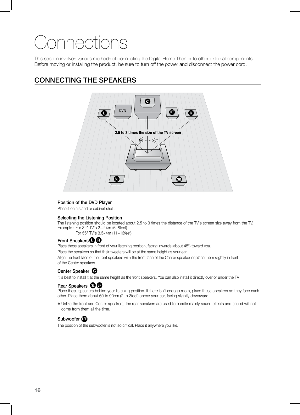 Connections, Connecting the speakers | Samsung HT-Z221 User Manual | Page 16 / 64