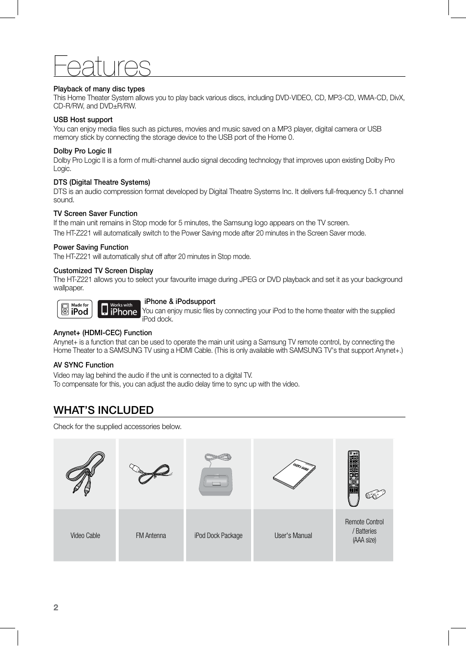 Features, What’s included | Samsung HT-Z221 User Manual | Page 2 / 64