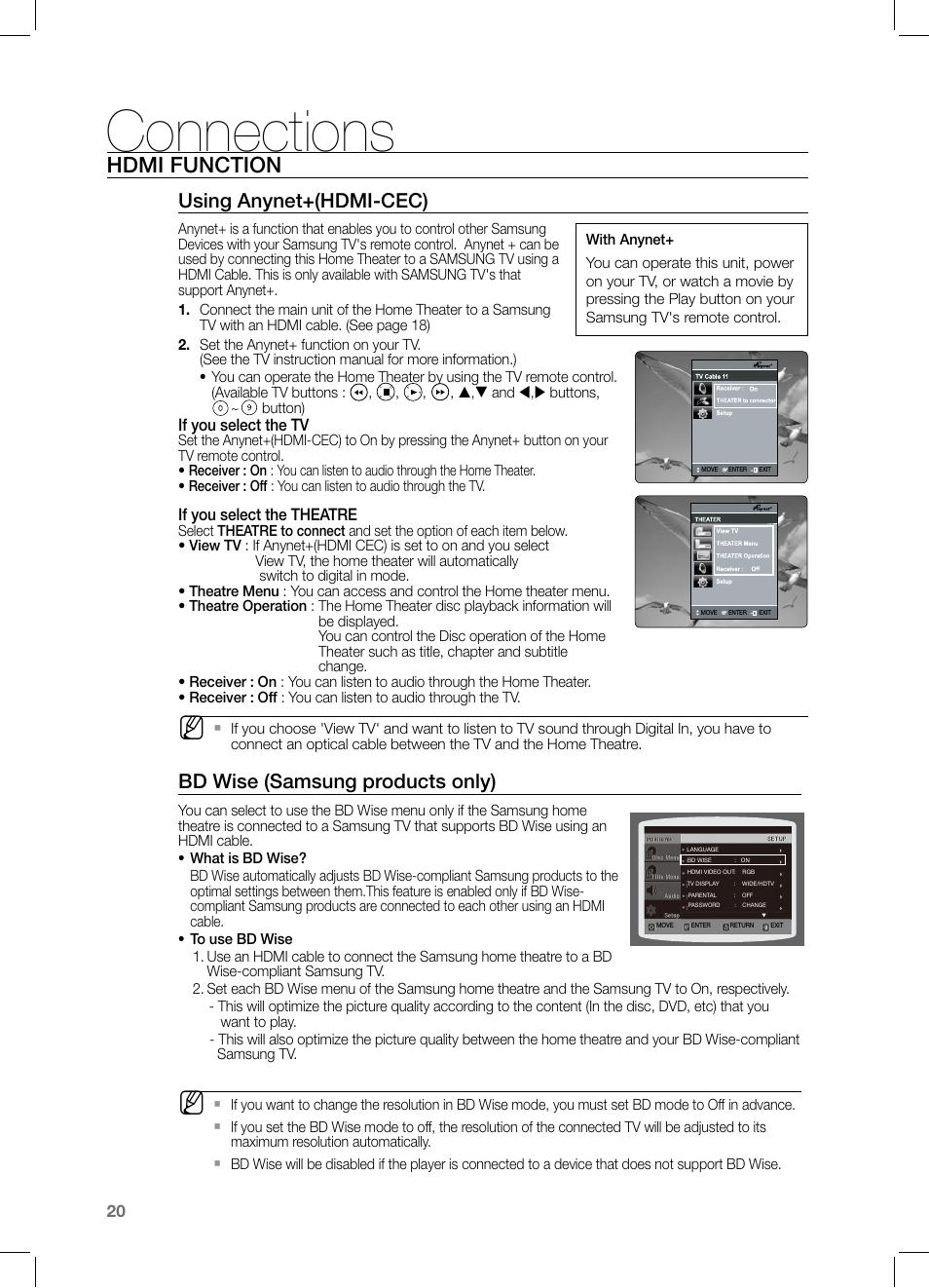 Connections, Hdmi function, Using anynet+(hdmi-cec) | Bd wise (samsung products only), If you select the tv, If you select the theatre | Samsung HT-Z221 User Manual | Page 20 / 64