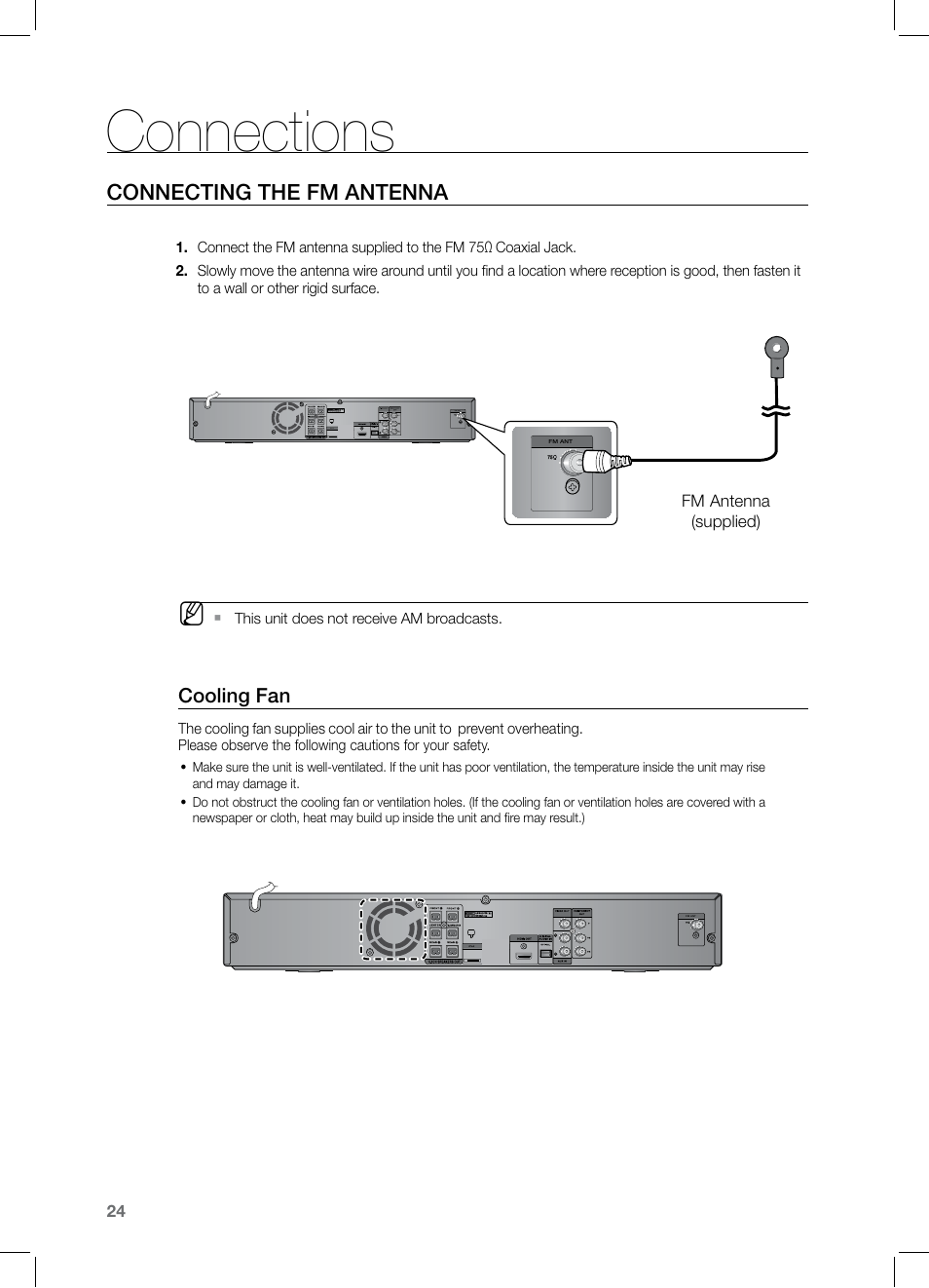 Connections, Connecting the fm antenna, Cooling fan | Samsung HT-Z221 User Manual | Page 24 / 64