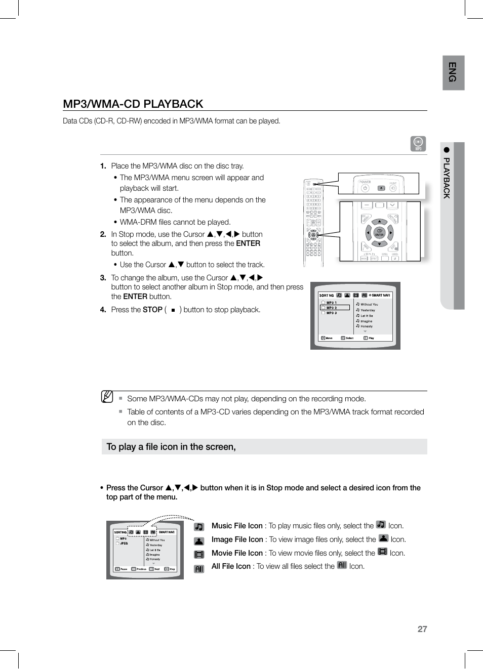 Mp3/wma-cd playback | Samsung HT-Z221 User Manual | Page 27 / 64