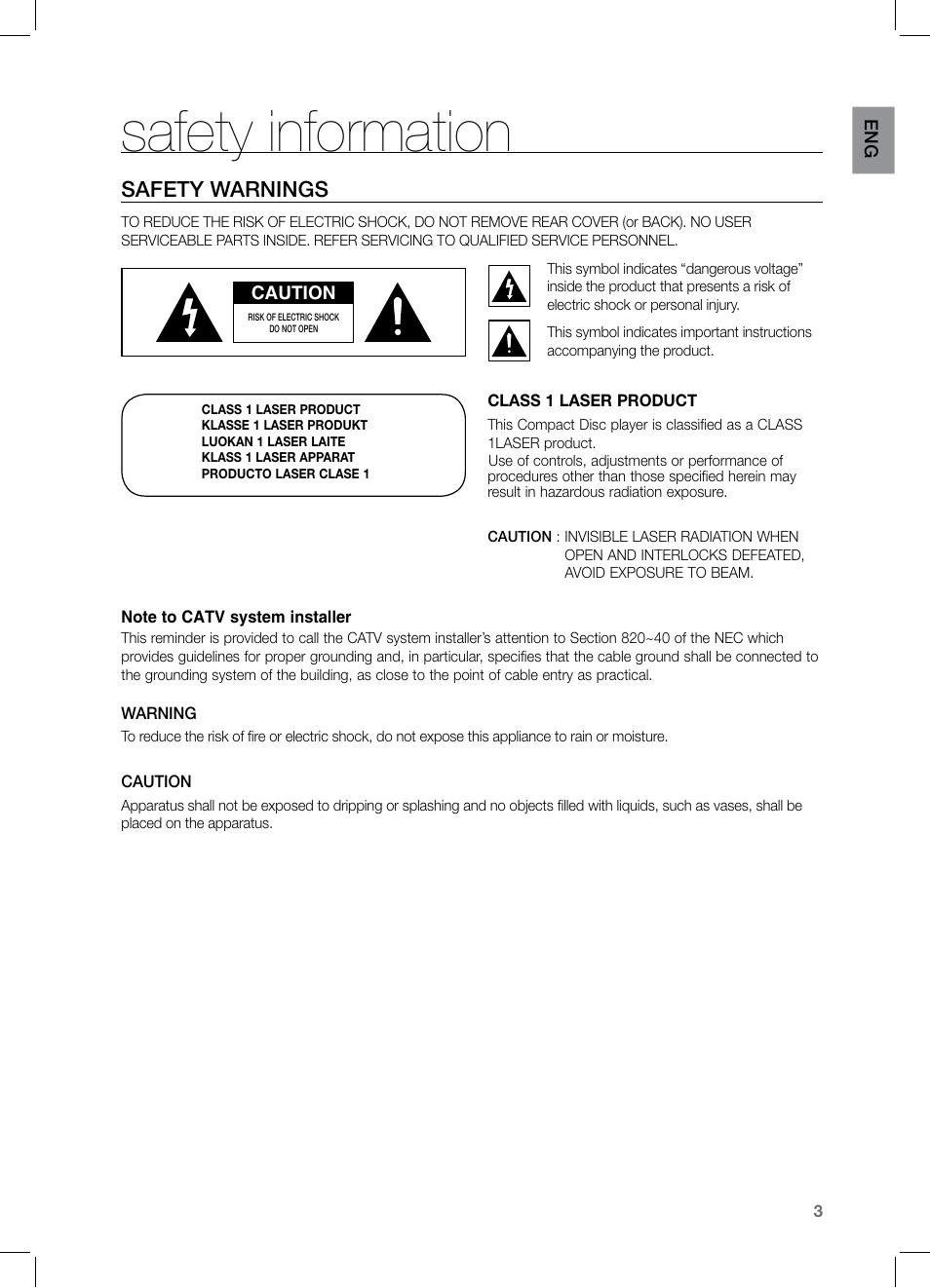 Safety information, Safety warnings | Samsung HT-Z221 User Manual | Page 3 / 64