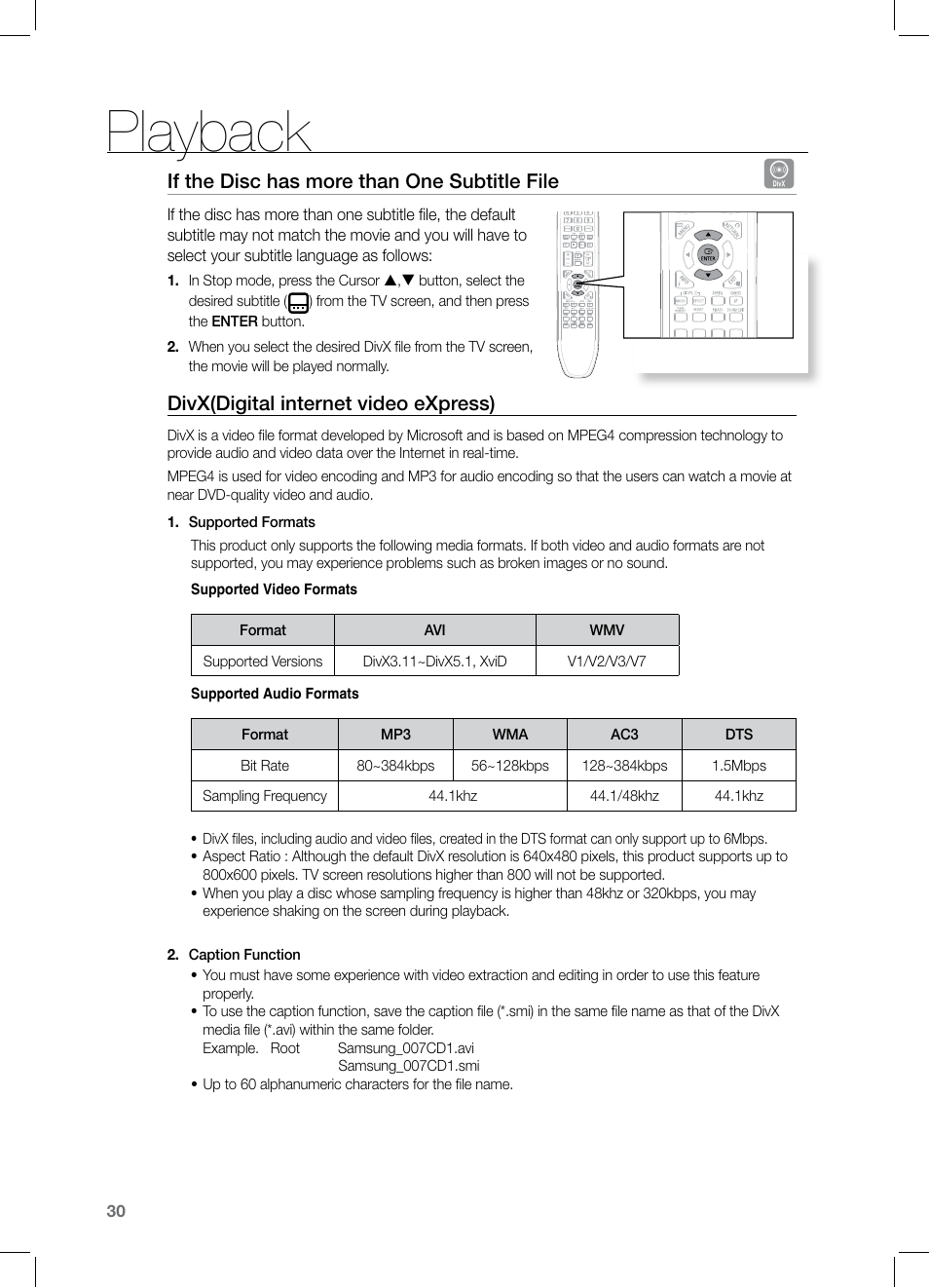 Playback, If the disc has more than one subtitle file, Divx(digital internet video express) | Samsung HT-Z221 User Manual | Page 30 / 64