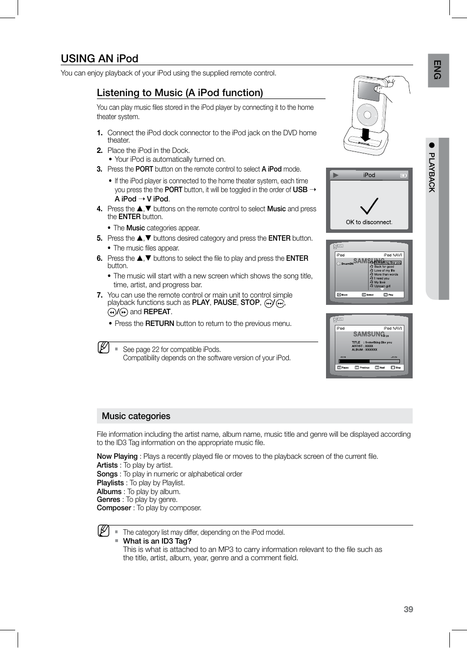 Using an ipod, Listening to music (a ipod function) | Samsung HT-Z221 User Manual | Page 39 / 64