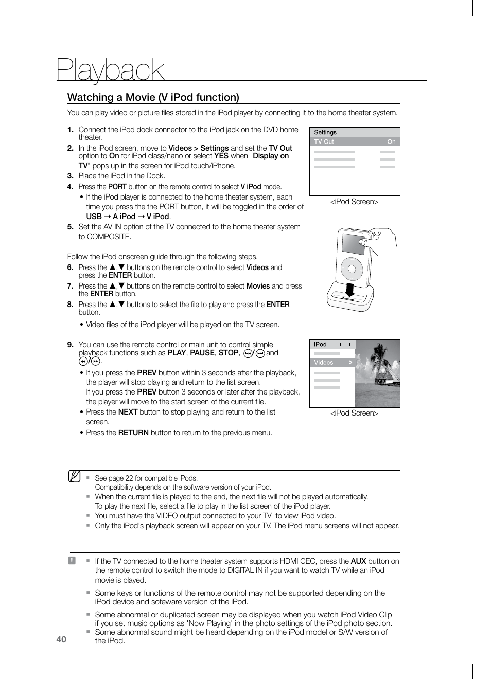 Playback, Watching a movie (v ipod function) | Samsung HT-Z221 User Manual | Page 40 / 64