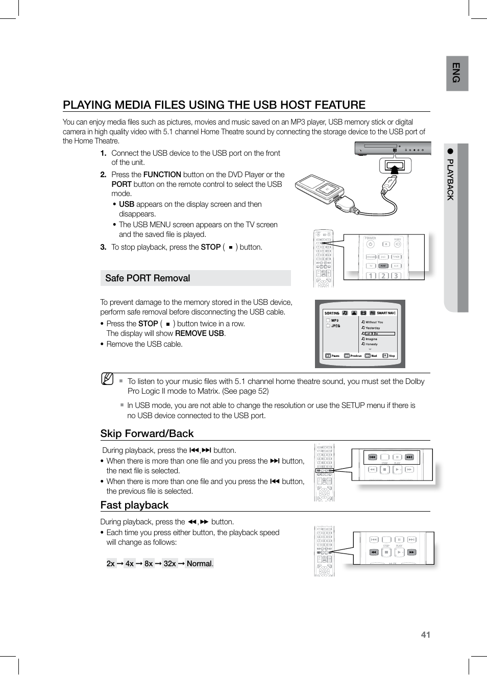 Playing media files using the usb host feature, Skip forward/back, Fast playback | Samsung HT-Z221 User Manual | Page 41 / 64