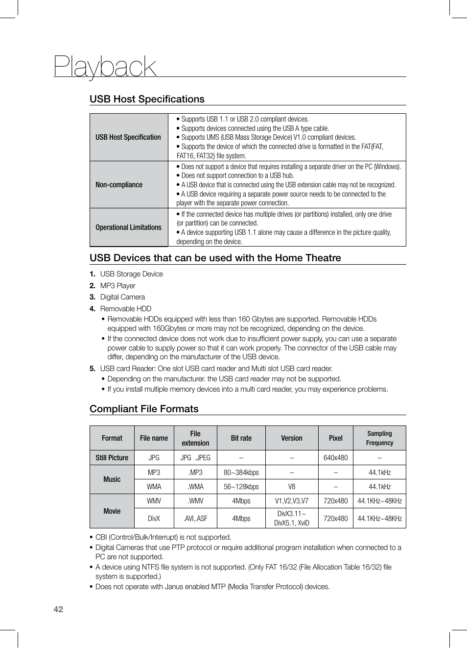 Playback, Usb host specifications, Usb devices that can be used with the home theatre | Compliant file formats | Samsung HT-Z221 User Manual | Page 42 / 64