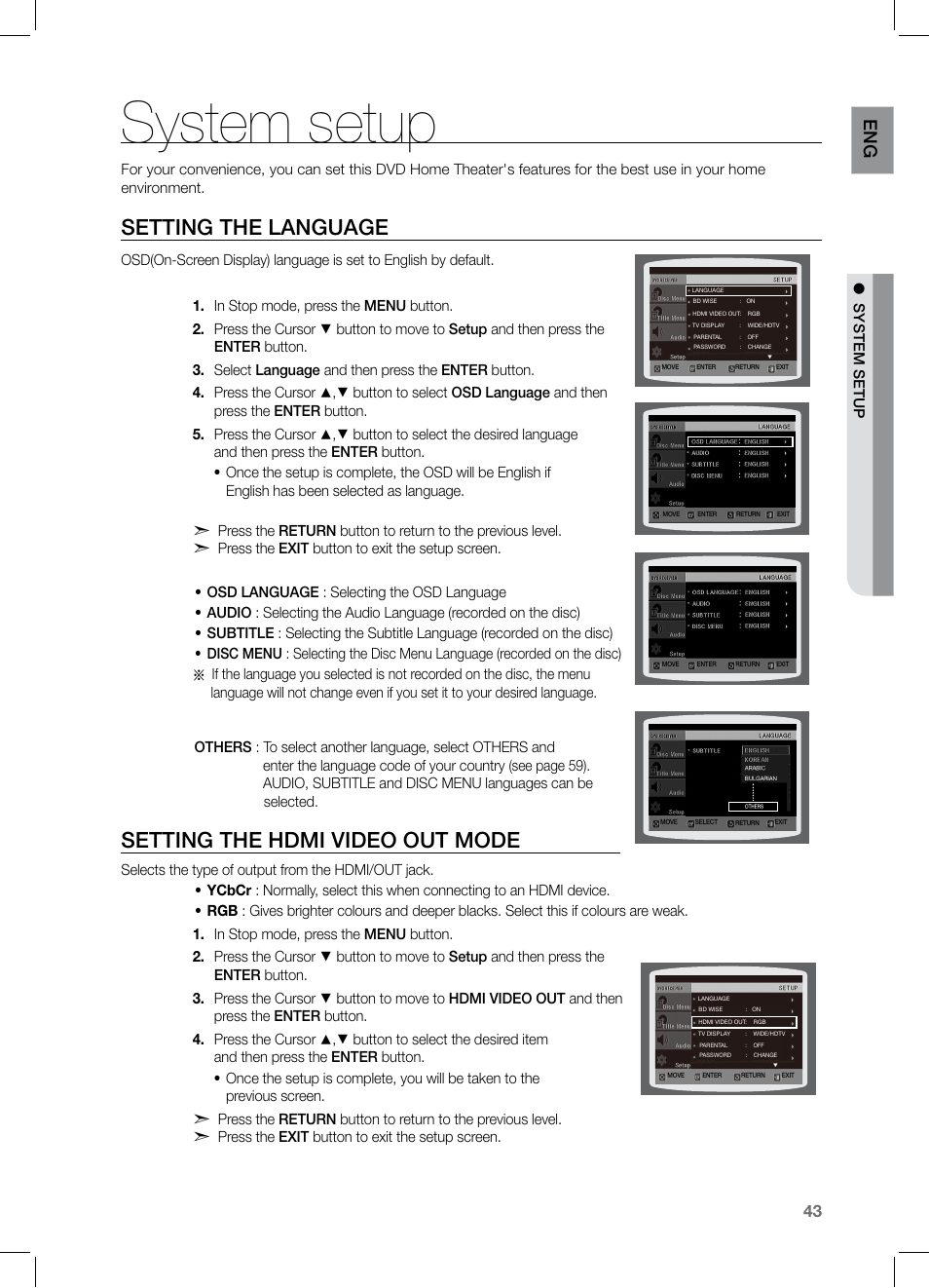 System setup, Setting the language, Setting the hdmi video out mode | En g | Samsung HT-Z221 User Manual | Page 43 / 64