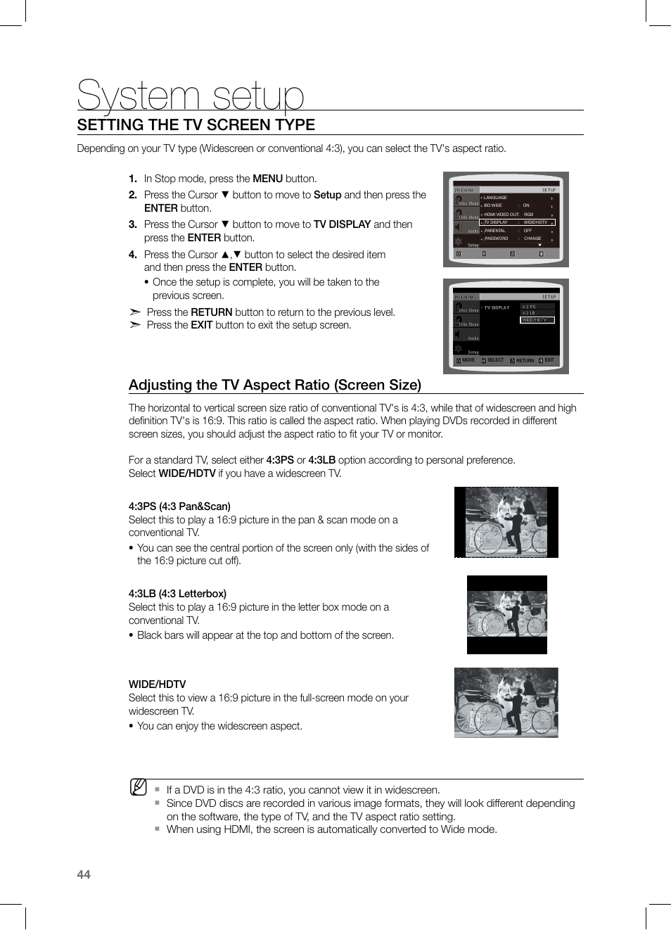 System setup, Setting the tv screen type, Adjusting the tv aspect ratio (screen size) | Samsung HT-Z221 User Manual | Page 44 / 64