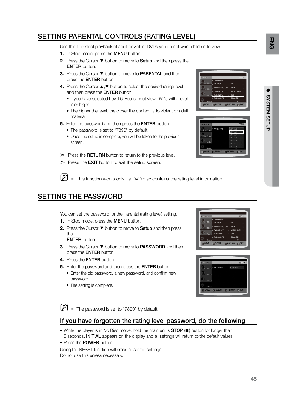 Setting parental controls (rating level), Setting the password, En g | Samsung HT-Z221 User Manual | Page 45 / 64