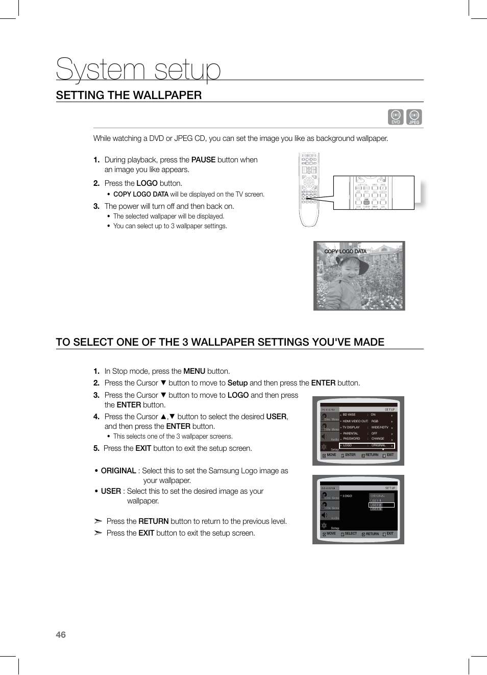 System setup, Setting the wallpaper | Samsung HT-Z221 User Manual | Page 46 / 64