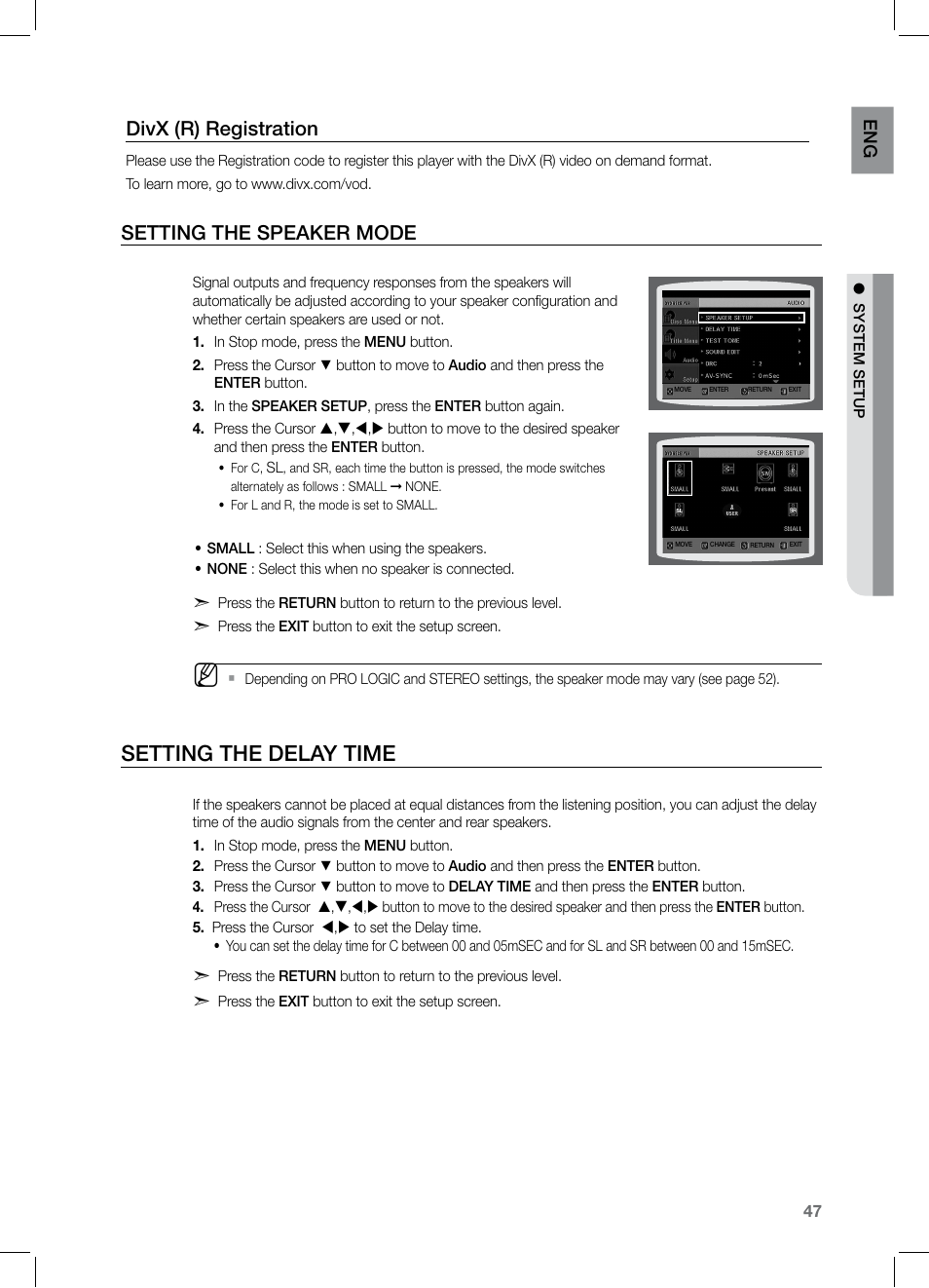 Setting the delay time, Setting the speaker mode, Divx (r) registration | En g | Samsung HT-Z221 User Manual | Page 47 / 64