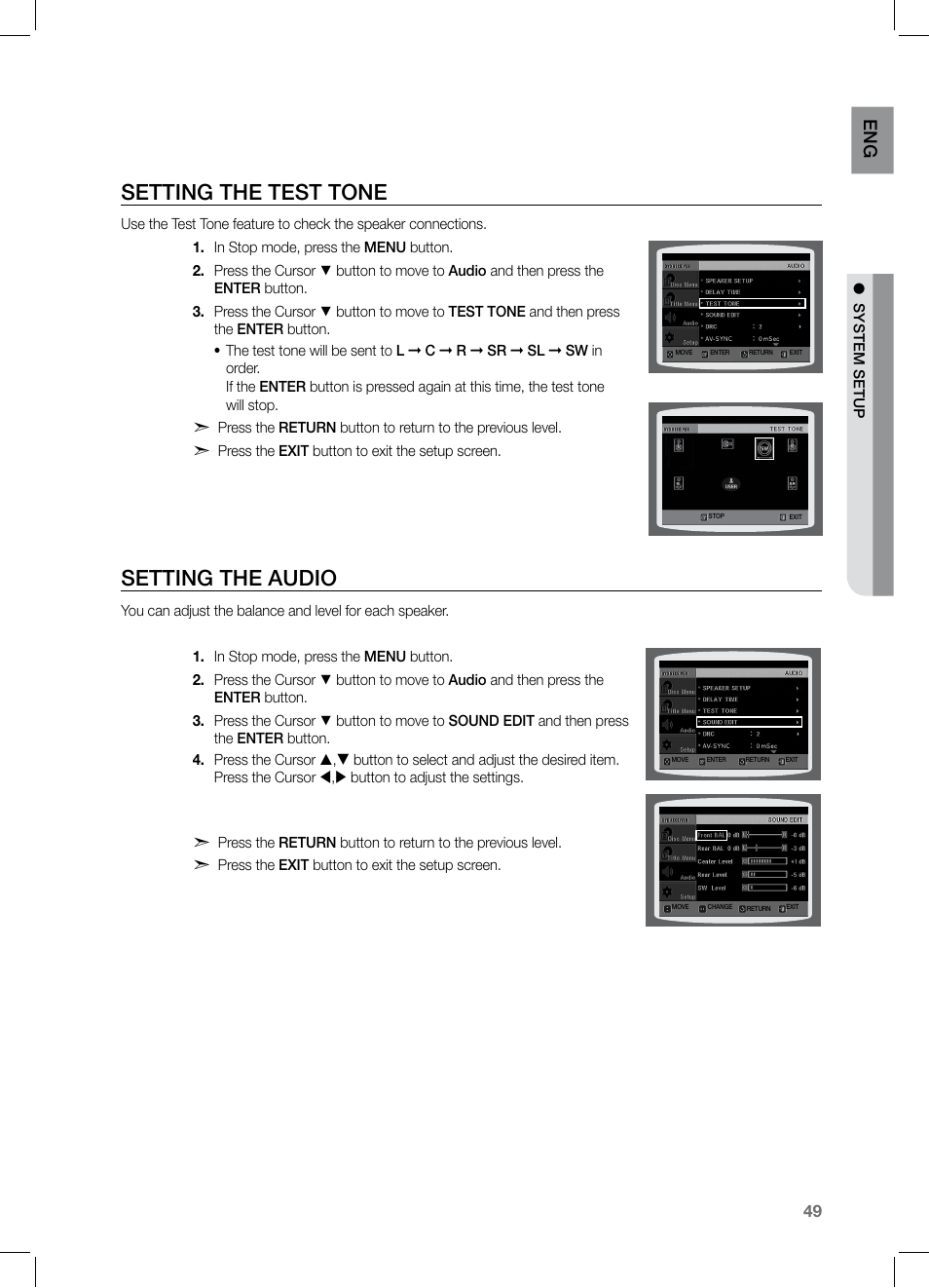 Setting the test tone, Setting the audio, En g | Samsung HT-Z221 User Manual | Page 49 / 64