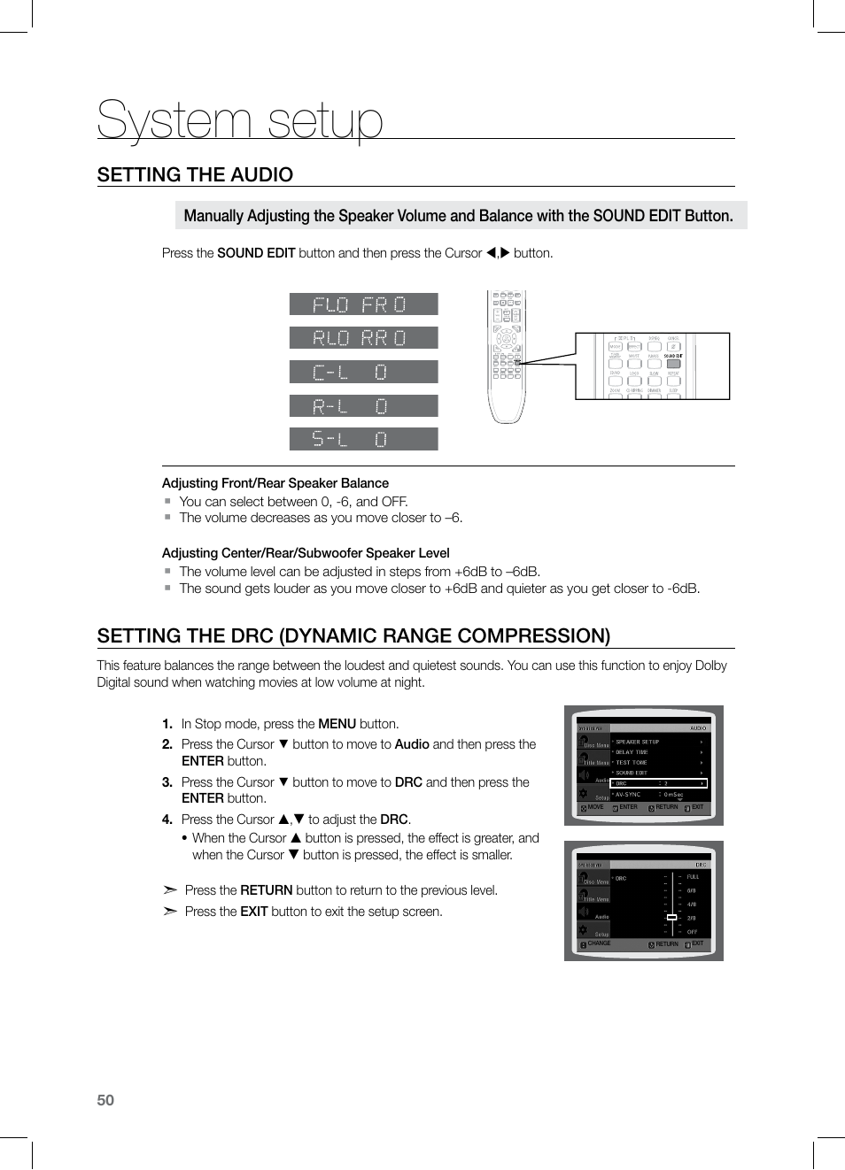 System setup, Setting the audio, Setting the drc (dynamic range compression) | Samsung HT-Z221 User Manual | Page 50 / 64