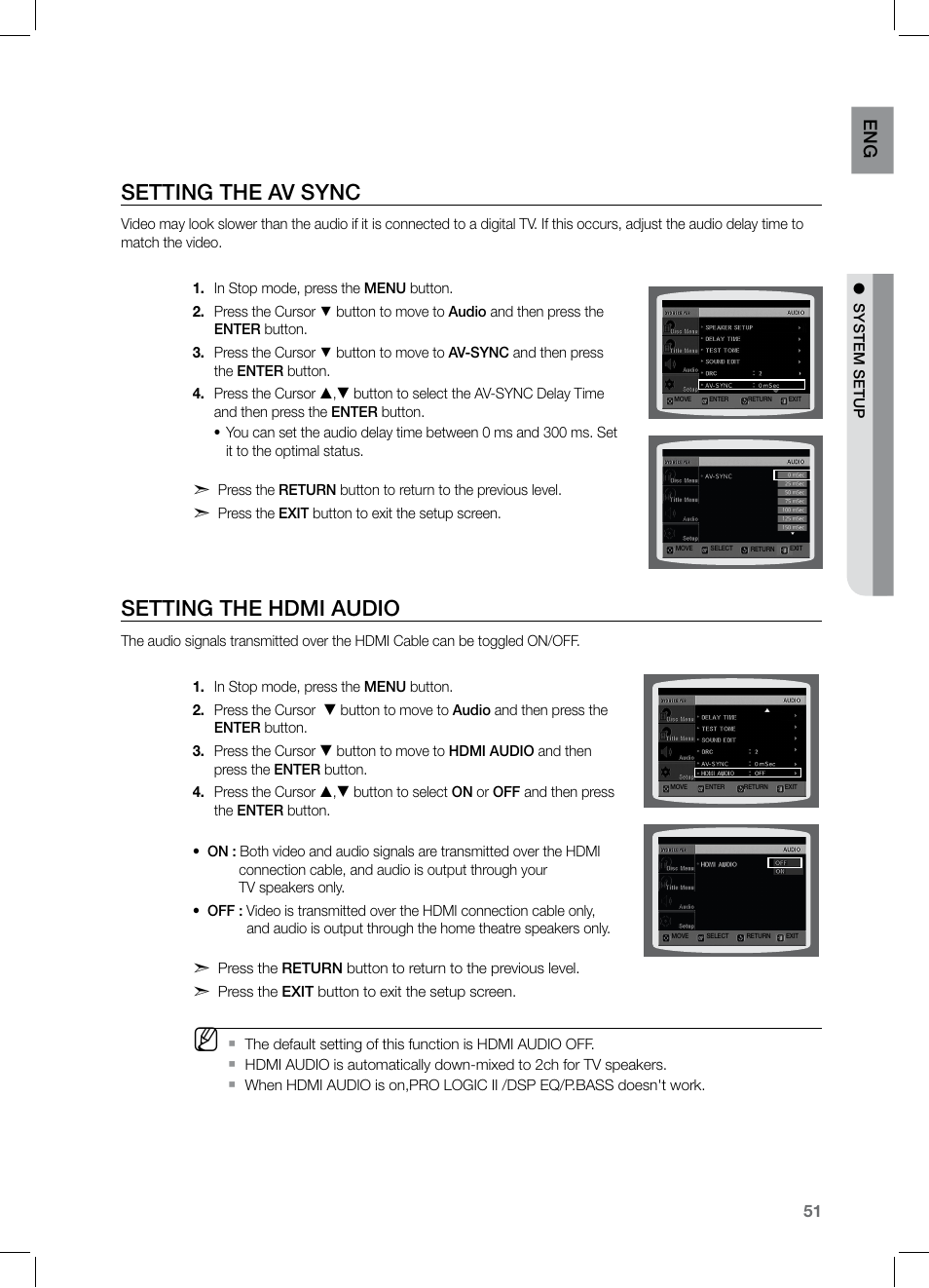 Setting the av sync, Setting the hdmi audio, En g | Samsung HT-Z221 User Manual | Page 51 / 64