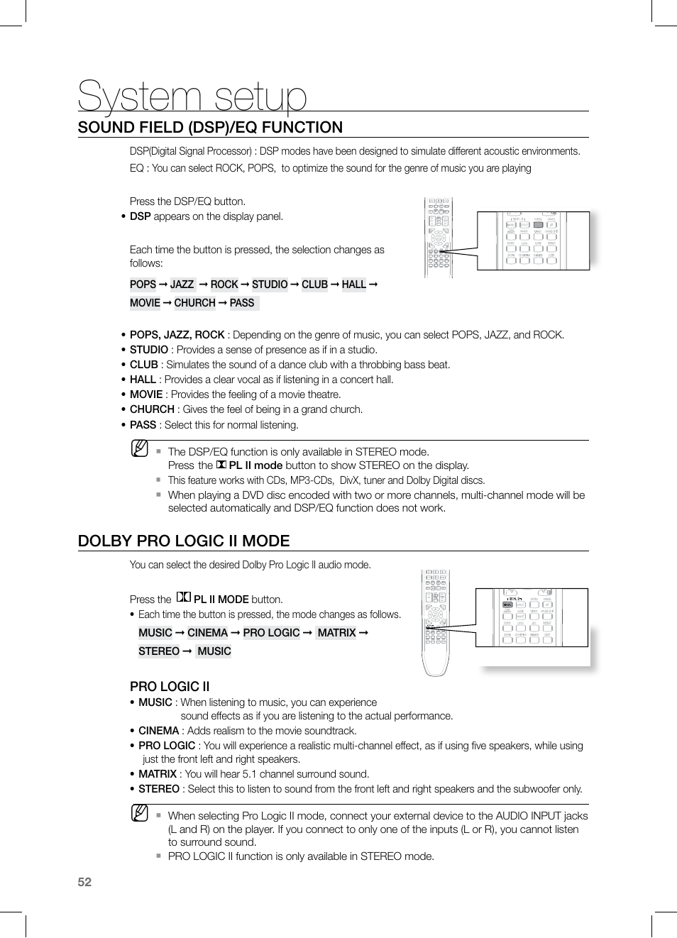 System setup, Sound field (dsp)/eq function, Dolby pro logic ii mode | Samsung HT-Z221 User Manual | Page 52 / 64