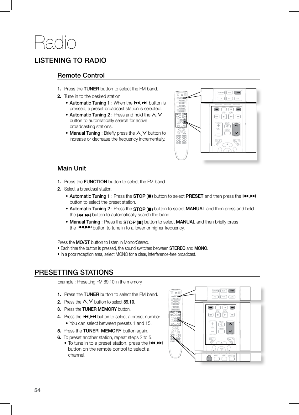 Radio, Listening to radio, Presetting stations | Remote control, Main unit | Samsung HT-Z221 User Manual | Page 54 / 64