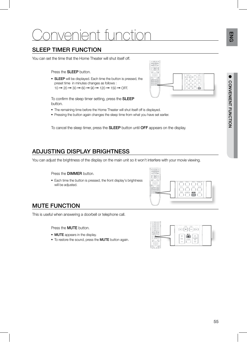 Convenient function, Sleep timer function, Adjusting display brightness | Mute function | Samsung HT-Z221 User Manual | Page 55 / 64