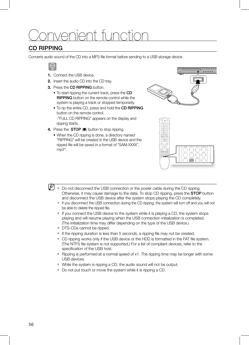 Convenient function, Cd ripping | Samsung HT-Z221 User Manual | Page 56 / 64