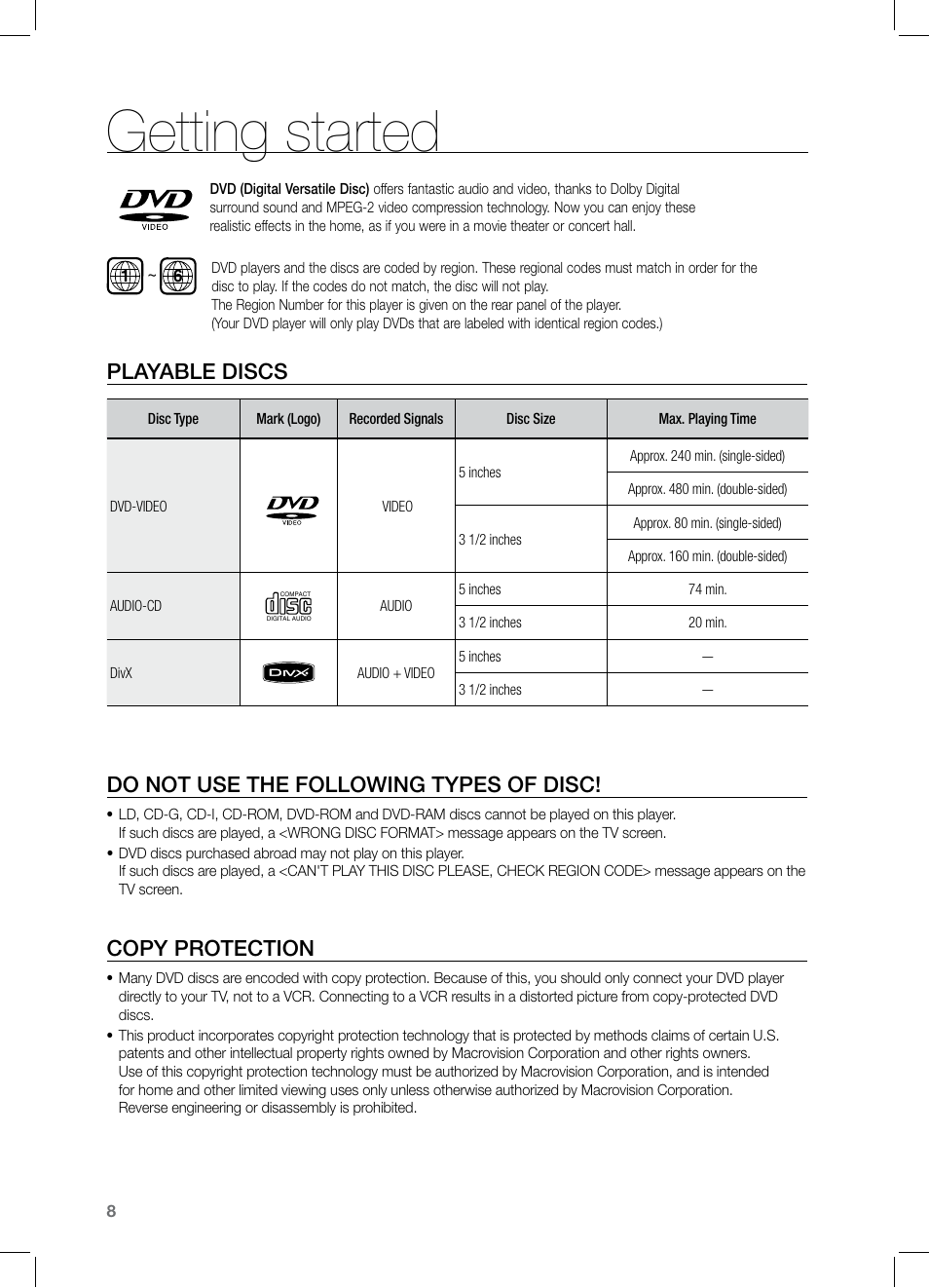 Getting started, Playable discs, Do not use the following types of disc | Copy protection | Samsung HT-Z221 User Manual | Page 8 / 64