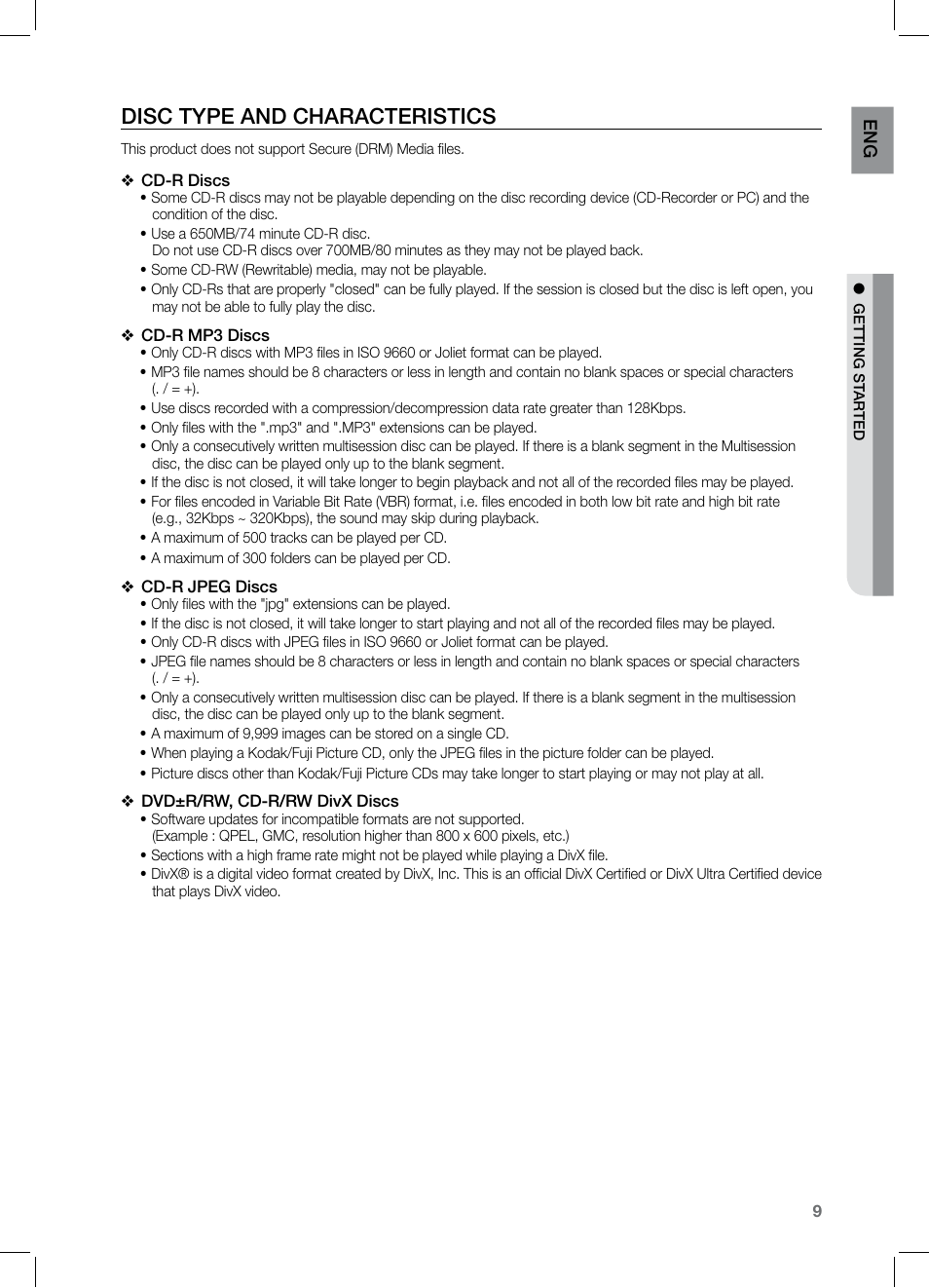 Disc type and characteristics, En g | Samsung HT-Z221 User Manual | Page 9 / 64