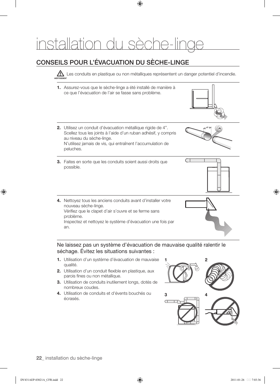 Conseils pour l’évacuation du sèche-linge, 22 conseils pour l’évacuation du sèche-linge, Installation du sèche-linge | Samsung DV431AG User Manual | Page 102 / 120