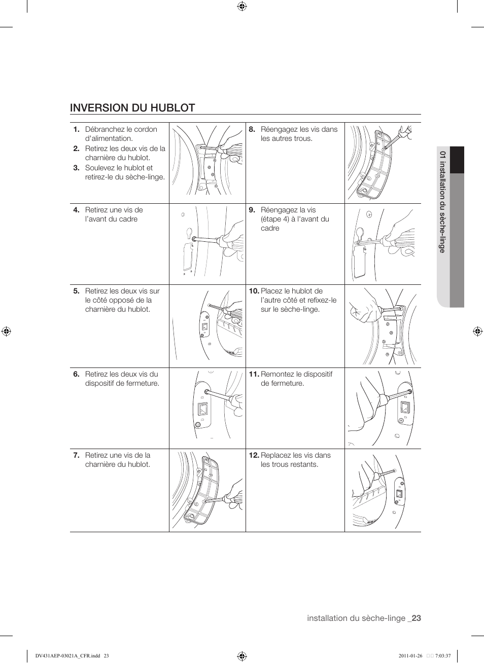 Inversion du hublot, 23 inversion du hublot | Samsung DV431AG User Manual | Page 103 / 120