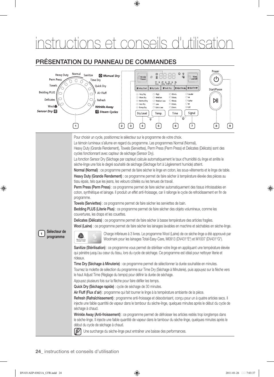 Instructions et conseils d’utilisation, Présentation du panneau de commandes, Instructions et conseils | D’utilisation, 24 présentation du panneau de commandes | Samsung DV431AG User Manual | Page 104 / 120
