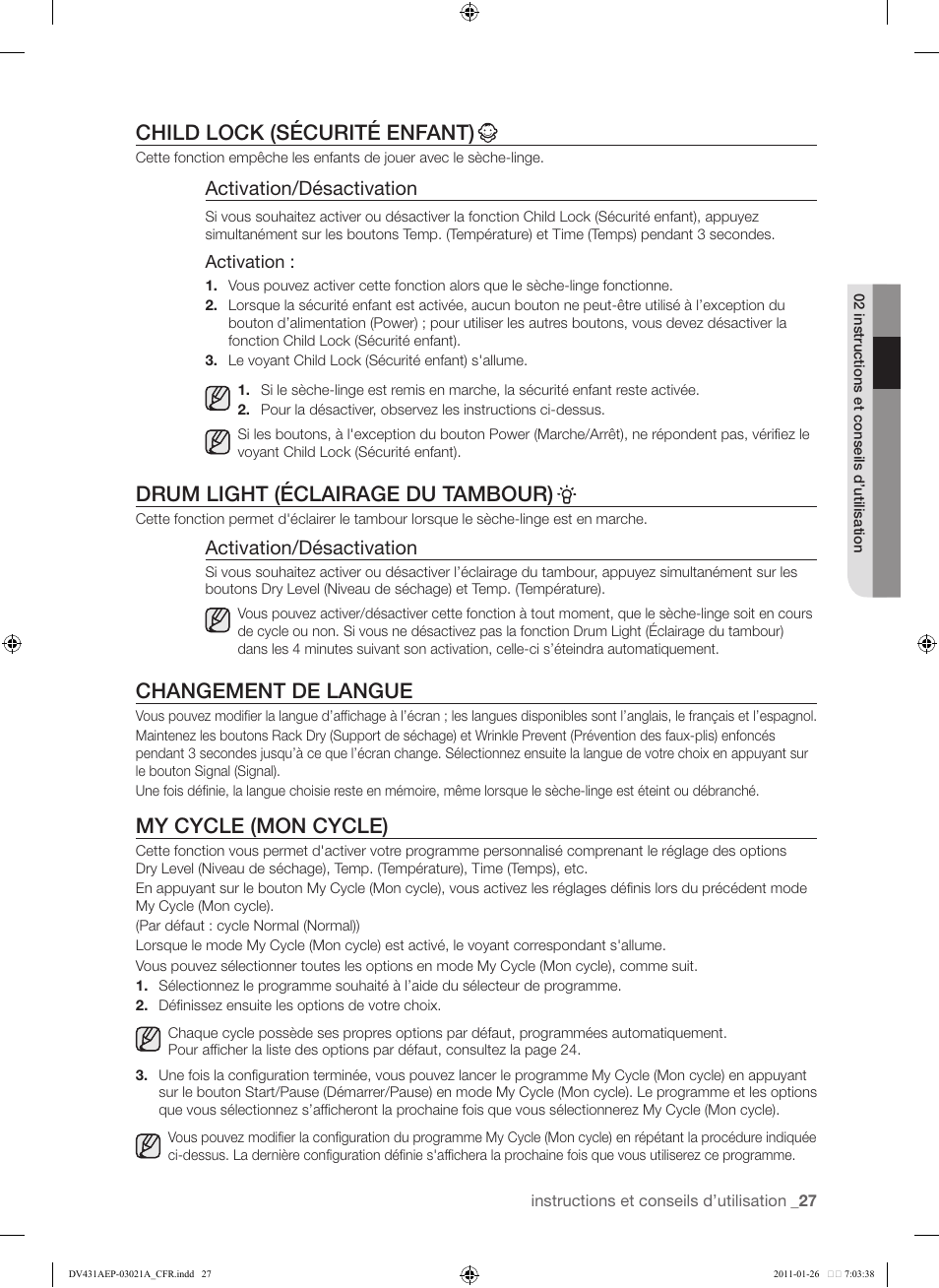 Child lock (sécurité enfant), Drum light (éclairage du tambour), Changement de langue | My cycle (mon cycle), Activation/désactivation | Samsung DV431AG User Manual | Page 107 / 120