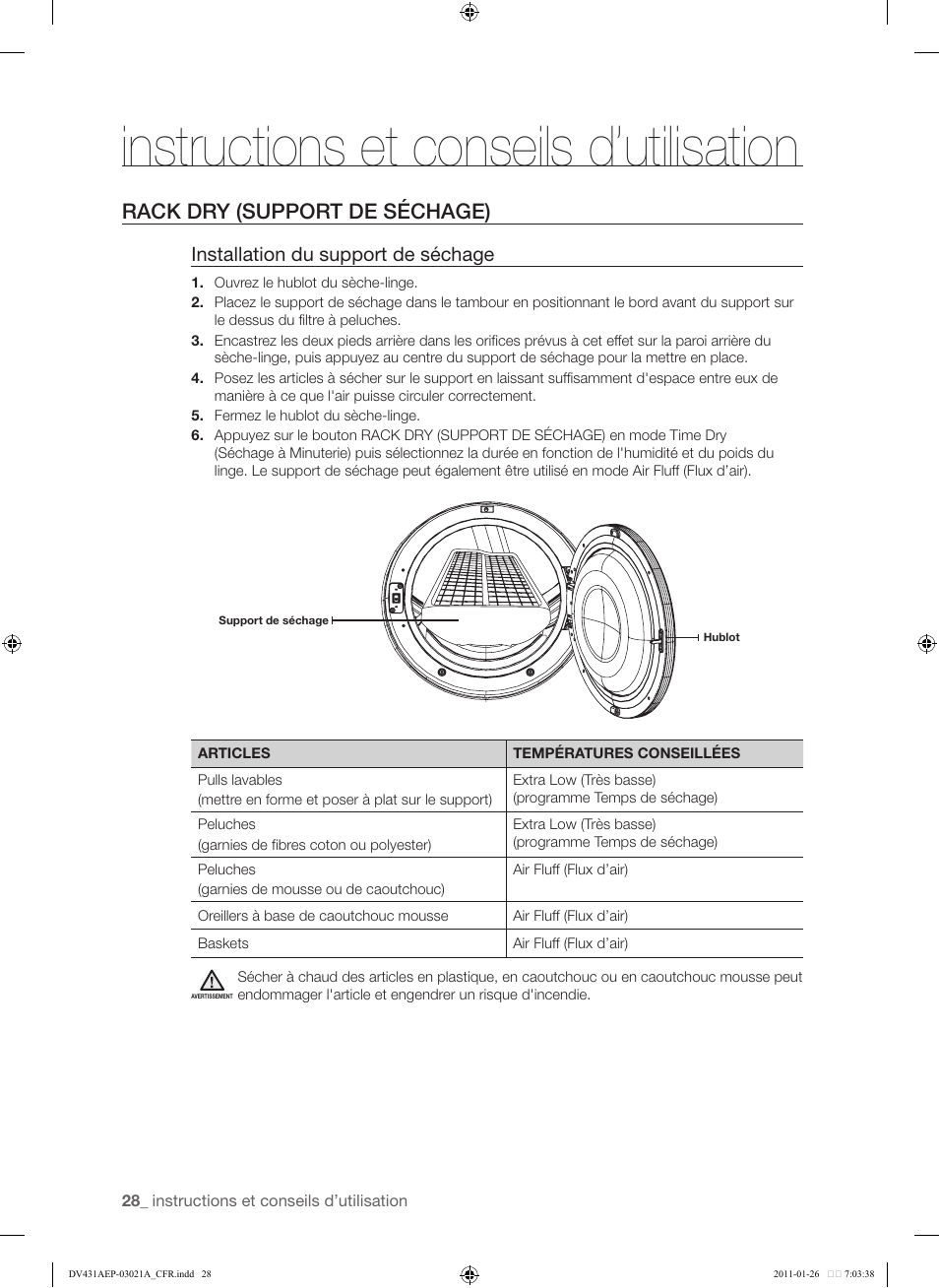 Rack dry (support de séchage), 28 rack dry (support de séchage), Instructions et conseils d’utilisation | Installation du support de séchage | Samsung DV431AG User Manual | Page 108 / 120