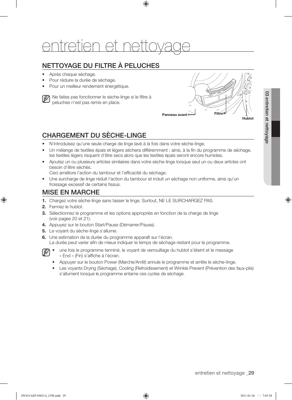Entretien et nettoyage, Nettoyage du filtre à peluches, Chargement du sèche-linge | Mise en marche | Samsung DV431AG User Manual | Page 109 / 120