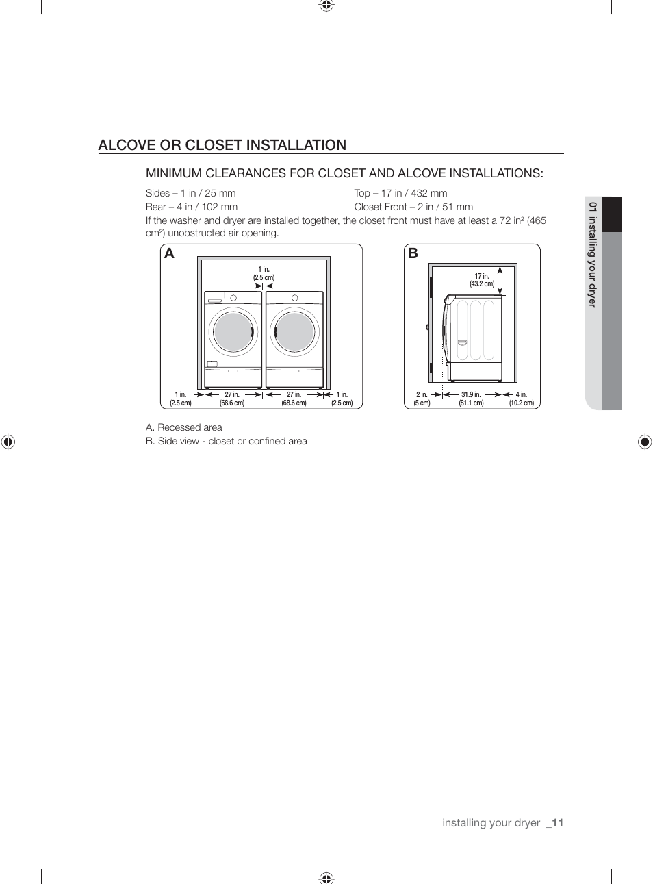 Alcove or closet installation | Samsung DV431AG User Manual | Page 11 / 120