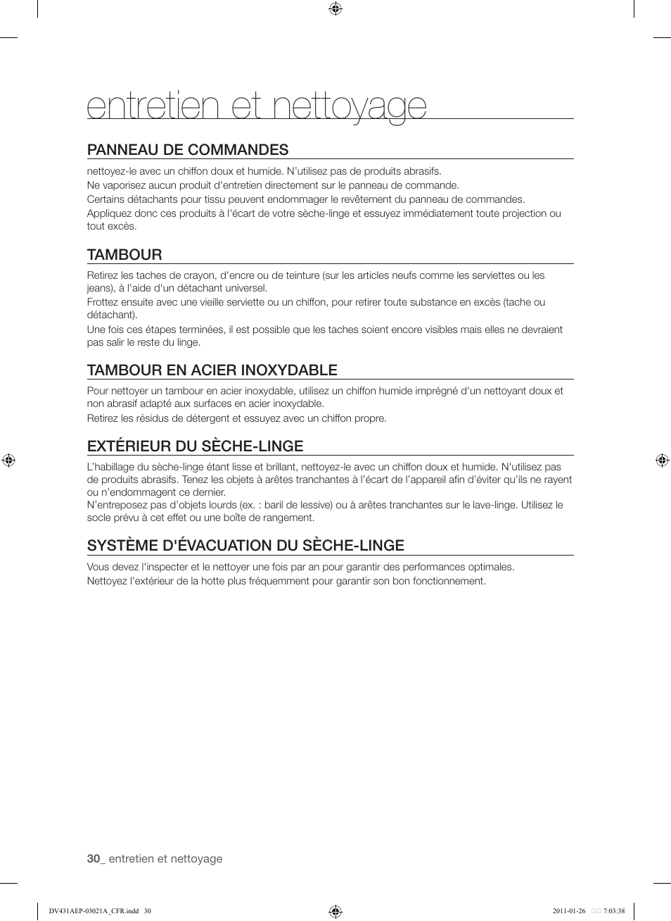 Panneau de commandes, Tambour, Tambour en acier inoxydable | Extérieur du sèche-linge, Système d'évacuation du sèche-linge, Entretien et nettoyage | Samsung DV431AG User Manual | Page 110 / 120
