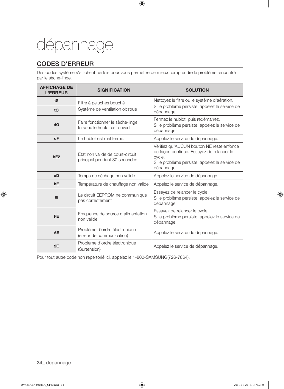 Codes d'erreur, 34 codes d'erreur, Dépannage | Samsung DV431AG User Manual | Page 114 / 120