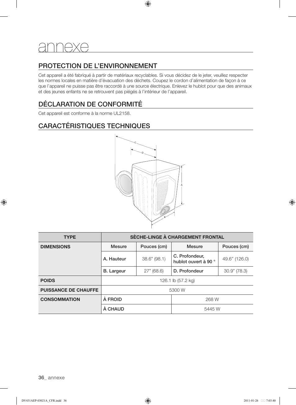 Protection de l’environnement, Déclaration de conformité, Caractéristiques techniques | Annexe | Samsung DV431AG User Manual | Page 116 / 120