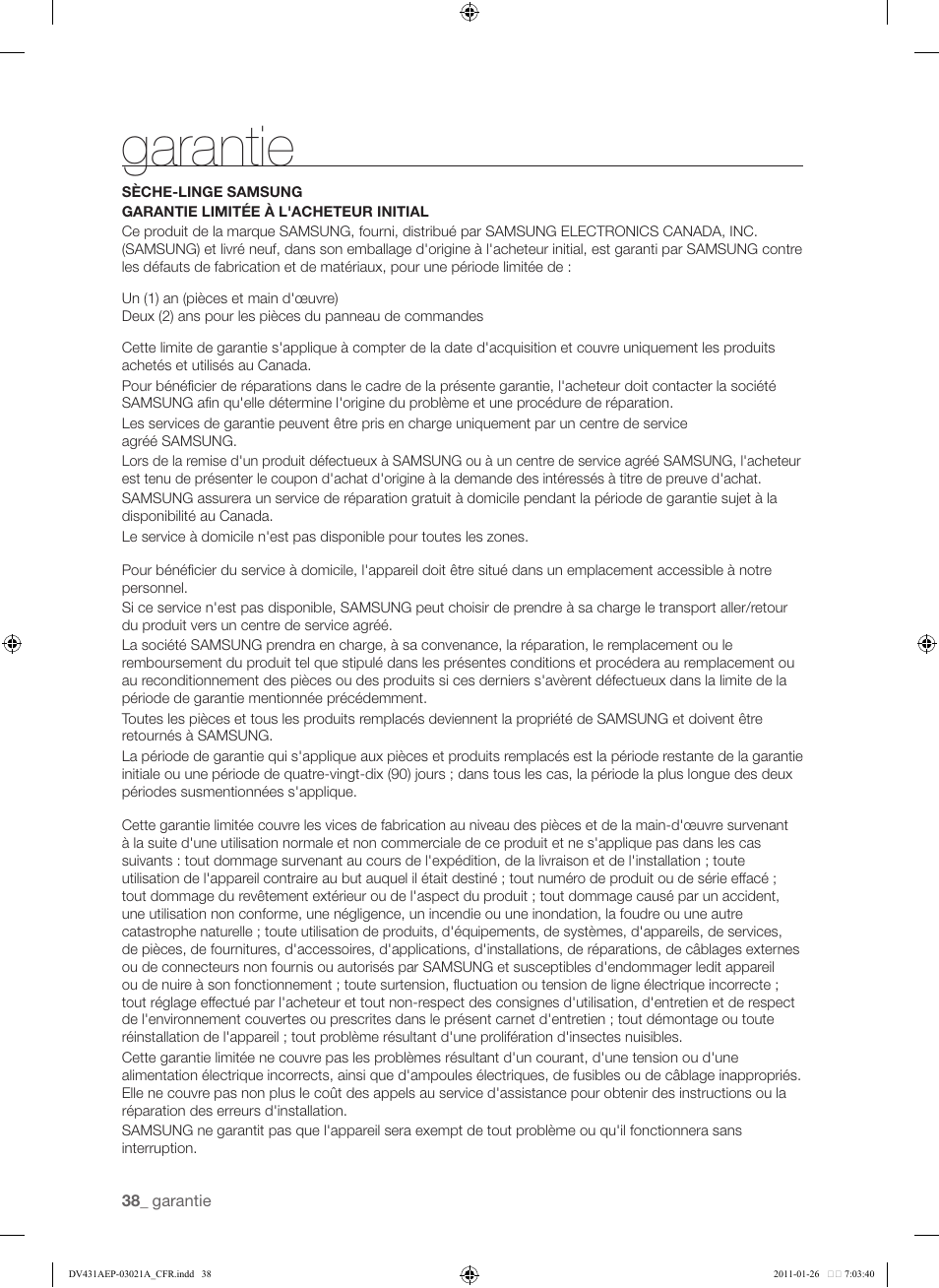 Garantie | Samsung DV431AG User Manual | Page 118 / 120