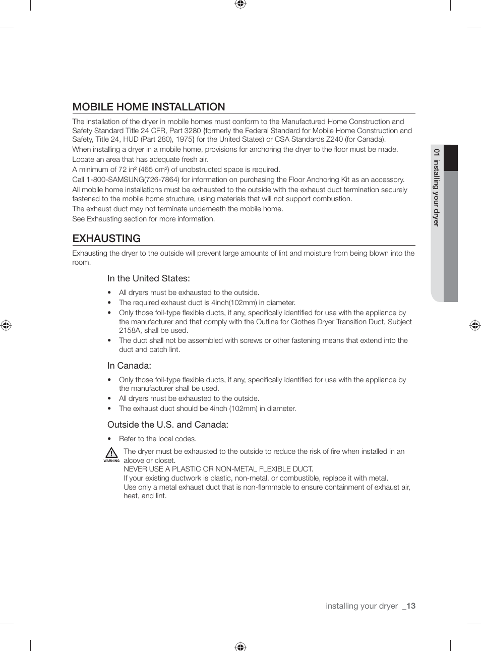 Mobile home installation, Exhausting | Samsung DV431AG User Manual | Page 13 / 120