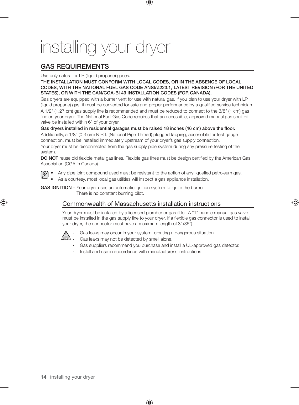 Installing your dryer, Gas requirements | Samsung DV431AG User Manual | Page 14 / 120