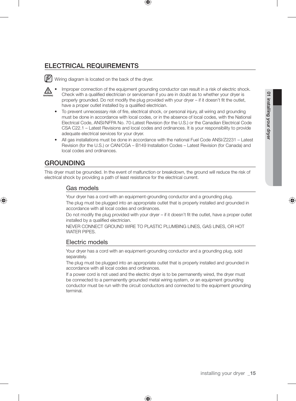 Electrical requirements, Grounding, Gas models | Electric models | Samsung DV431AG User Manual | Page 15 / 120