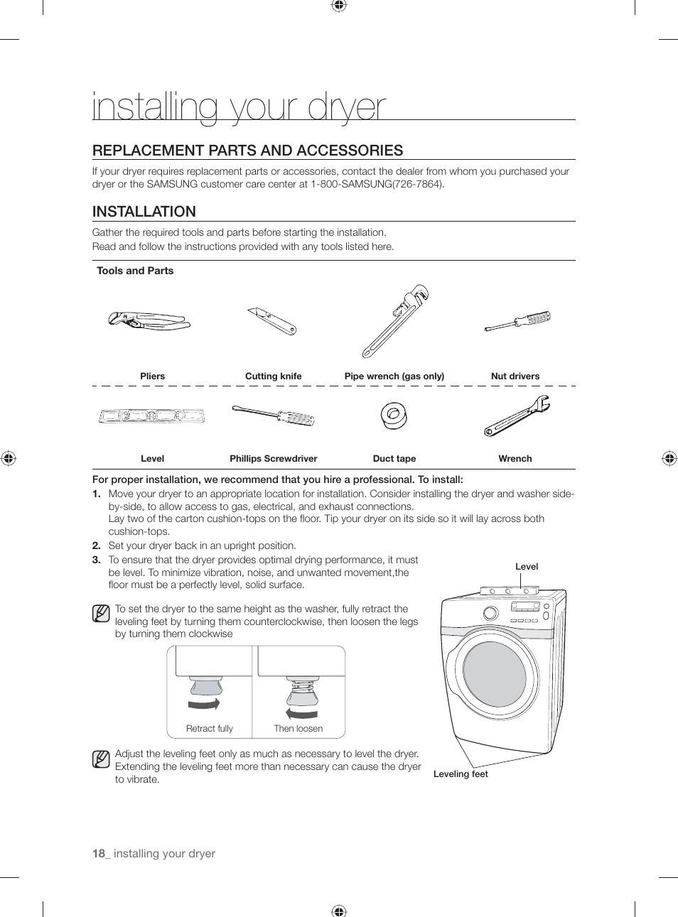 Installing your dryer, Replacement parts and accessories, Installation | Samsung DV431AG User Manual | Page 18 / 120