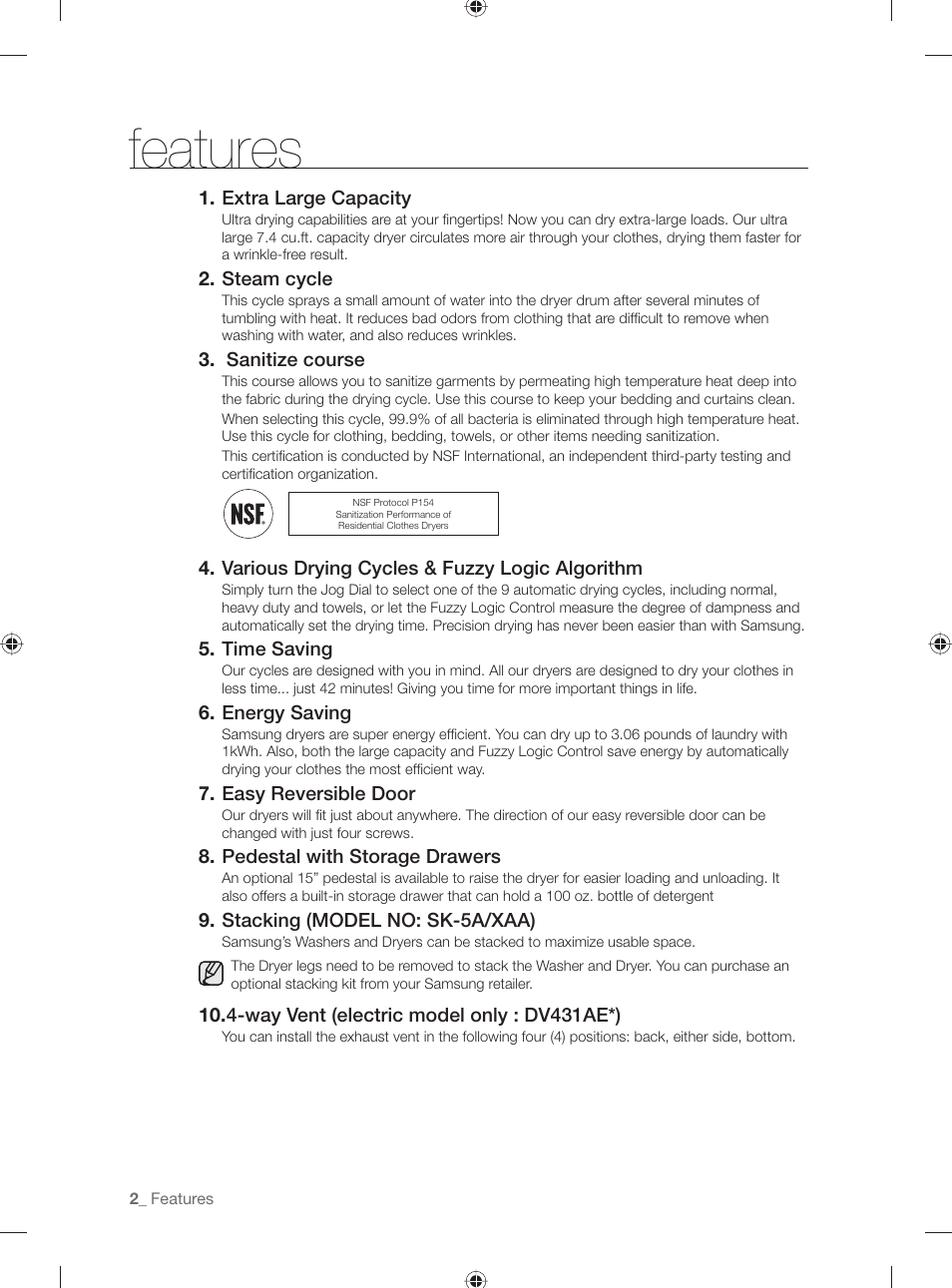 Features | Samsung DV431AG User Manual | Page 2 / 120