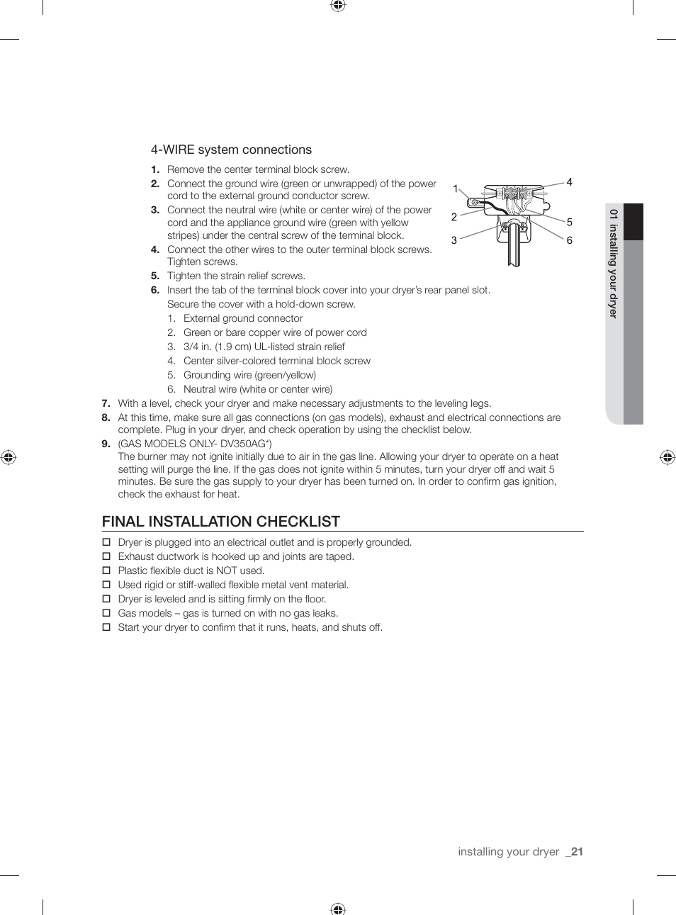 Final installation checklist | Samsung DV431AG User Manual | Page 21 / 120