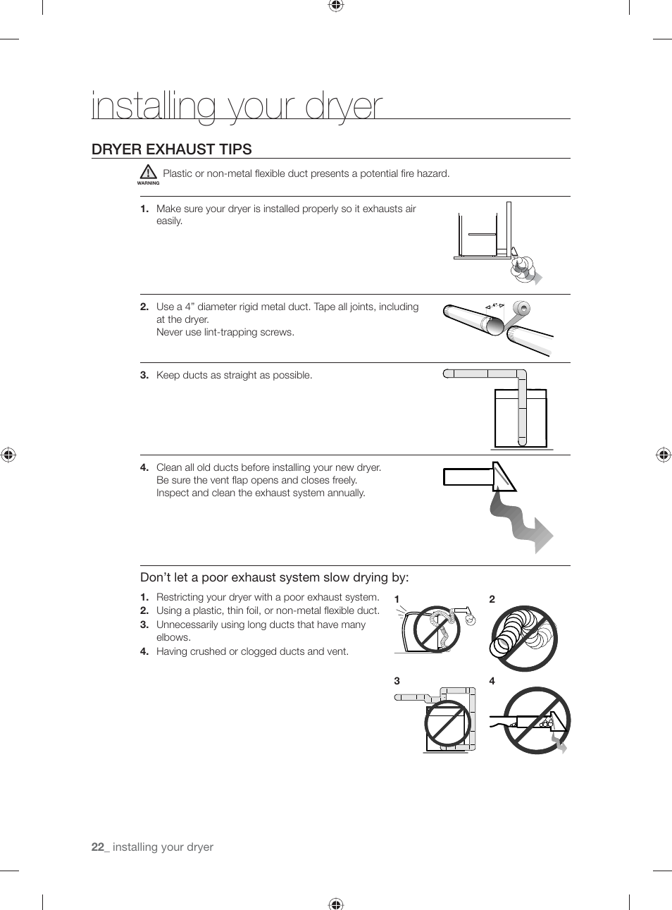 Installing your dryer, Dryer exhaust tips | Samsung DV431AG User Manual | Page 22 / 120